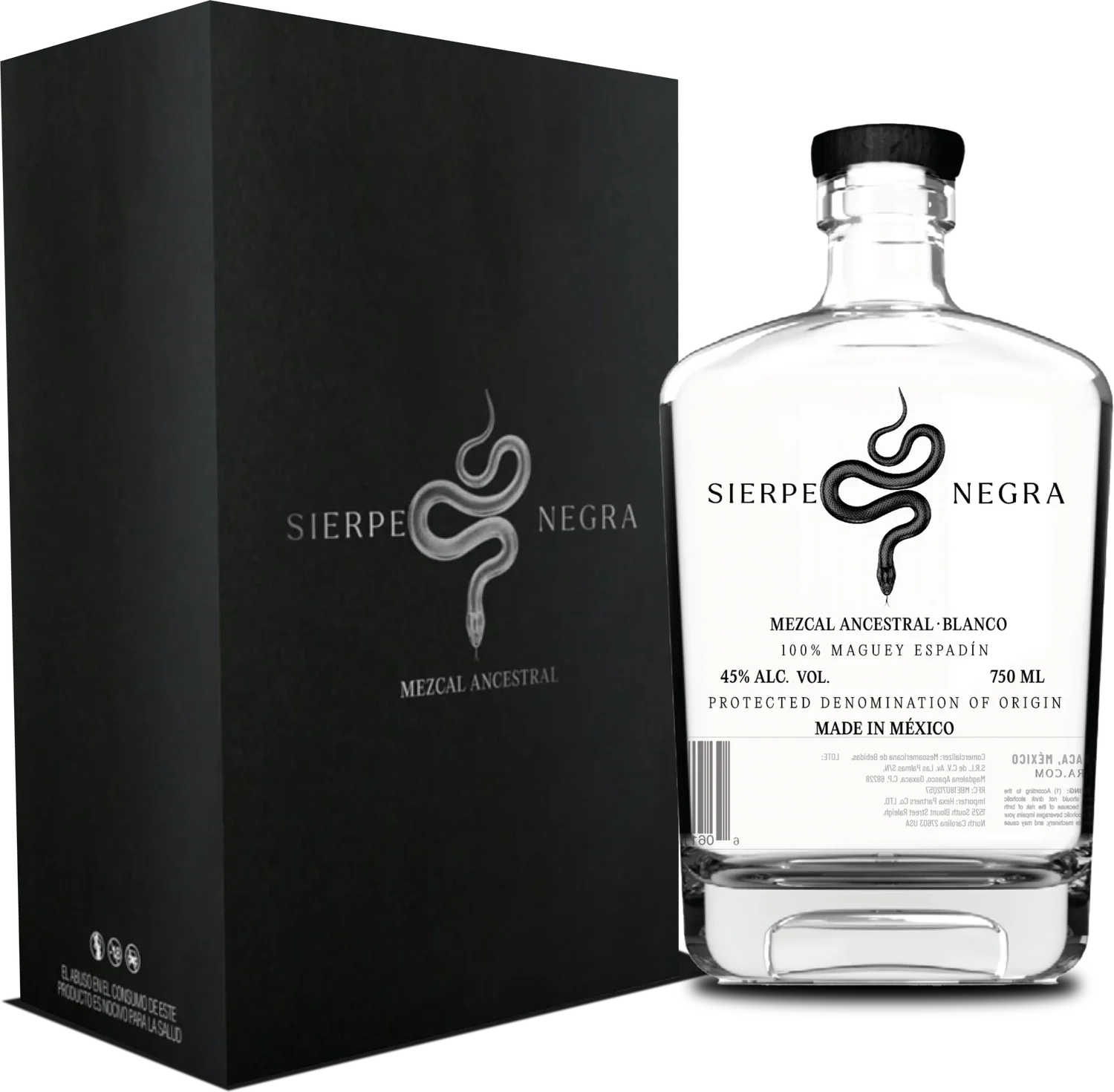 Caja negra y botella de Mezcal Ancestral Sierpe Negra Espadín 45%